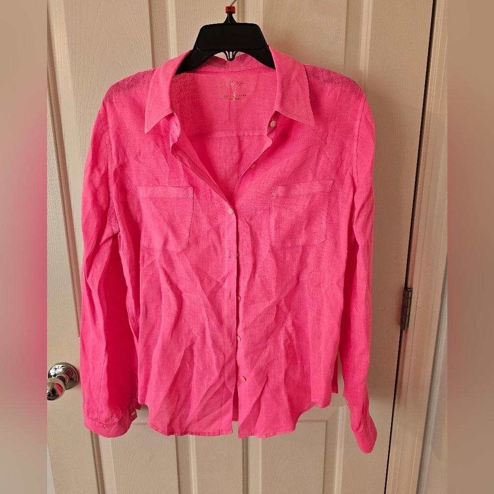 Lilly Pulitzer Women's Sea View Button Down 100% Linen Size L